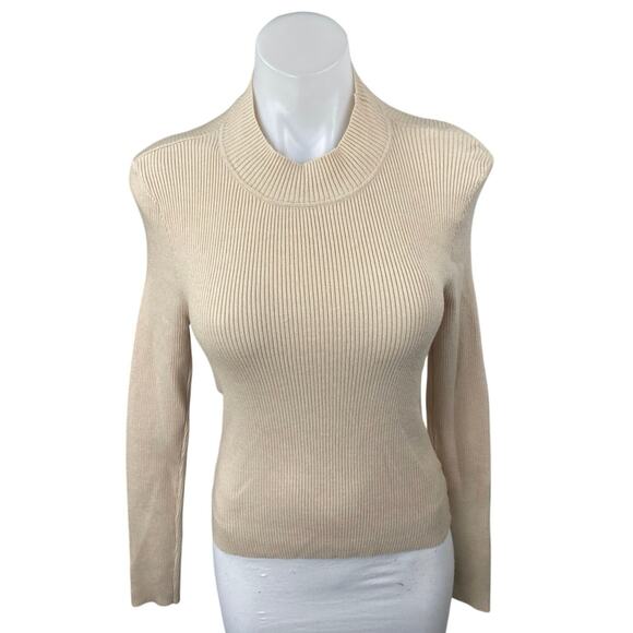 Anna Rae Women's Beige Tan Ribbed Knit Mockneck Cutout Long Sleeve Sweater Top M - Picture 1 of 4